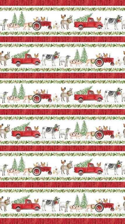 Border Stripe - WHITE MULTI || BARNYARD CHRISTMAS || Northcott Studio