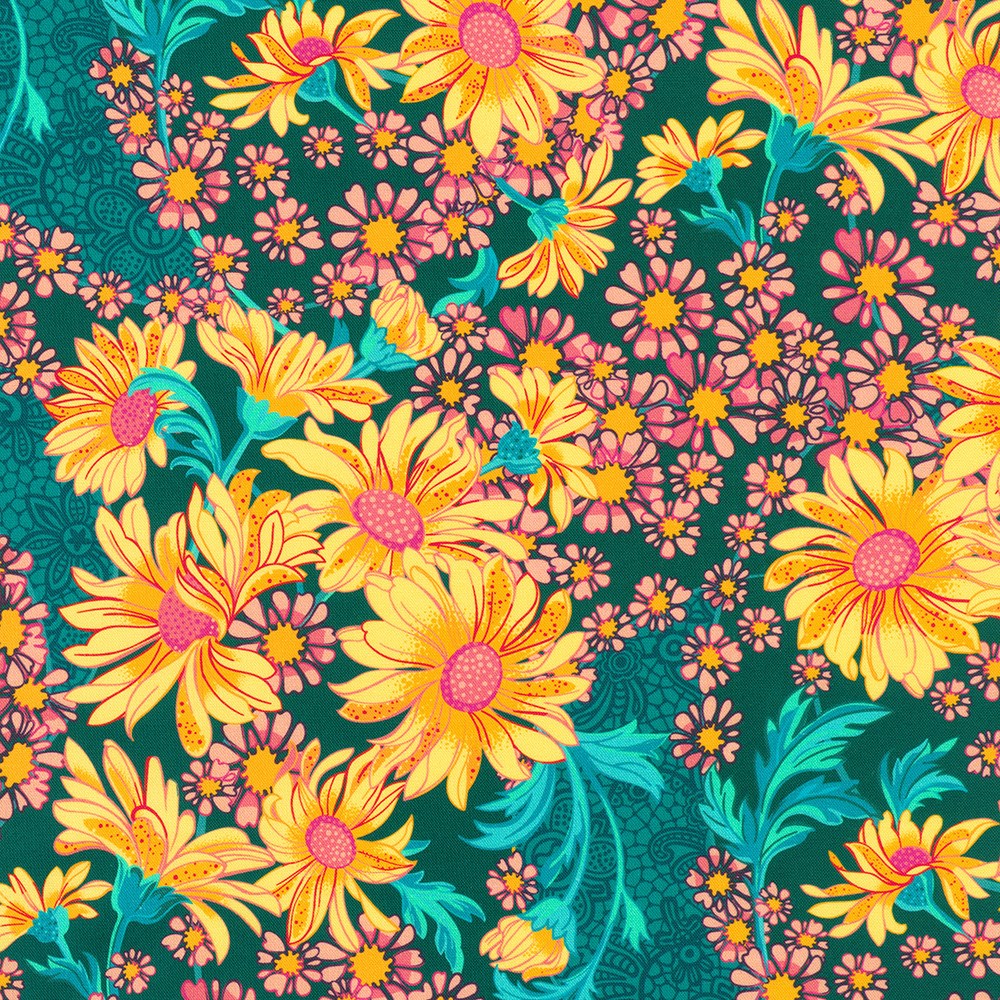 APWD-23247-213 || TEAL || SUNFLOWER SONATA || Robert Kaufman