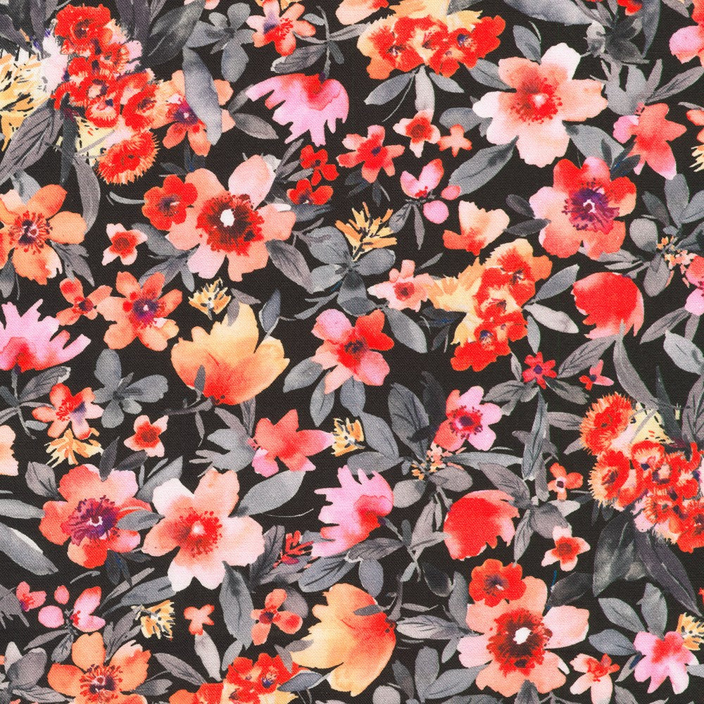 AVMD-23305-2 || PACKED LEAFY FLORALS BLACK || RUBY ROSE || Robert Kaufman
