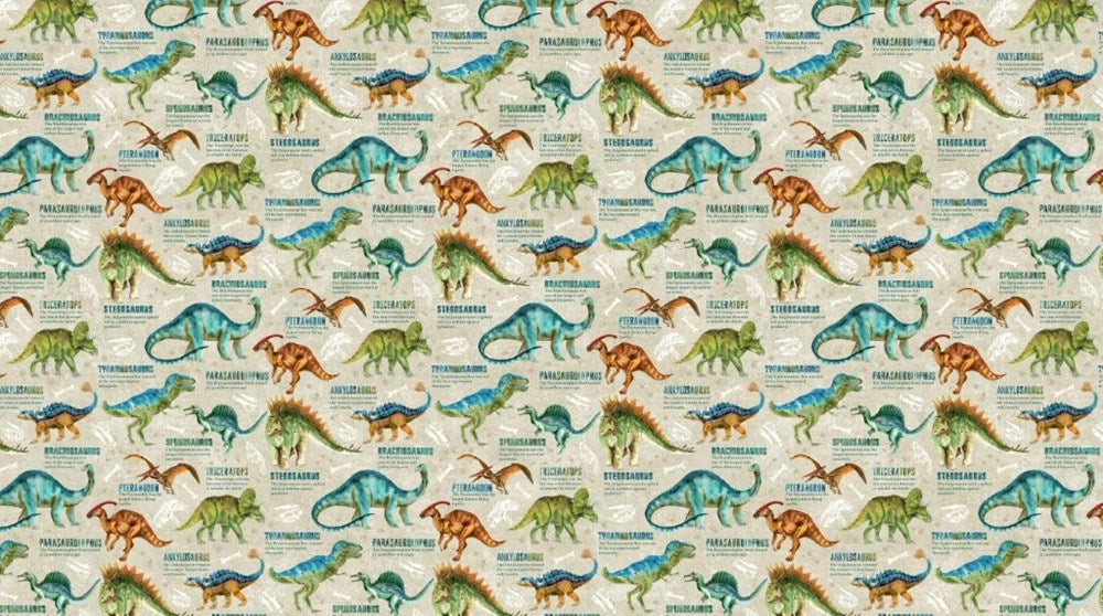 DINO WITH WORDS - BEIGE MULTI || DINO ROAR || Northcott Studio