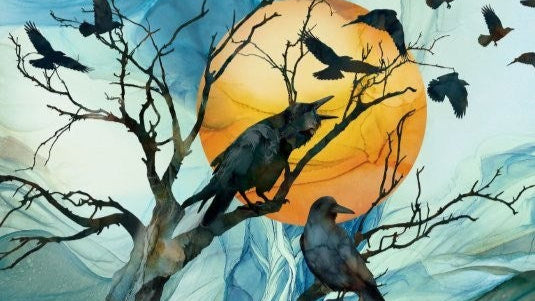 Halloween-themed artwork with pumpkins, crows, and a full moon.