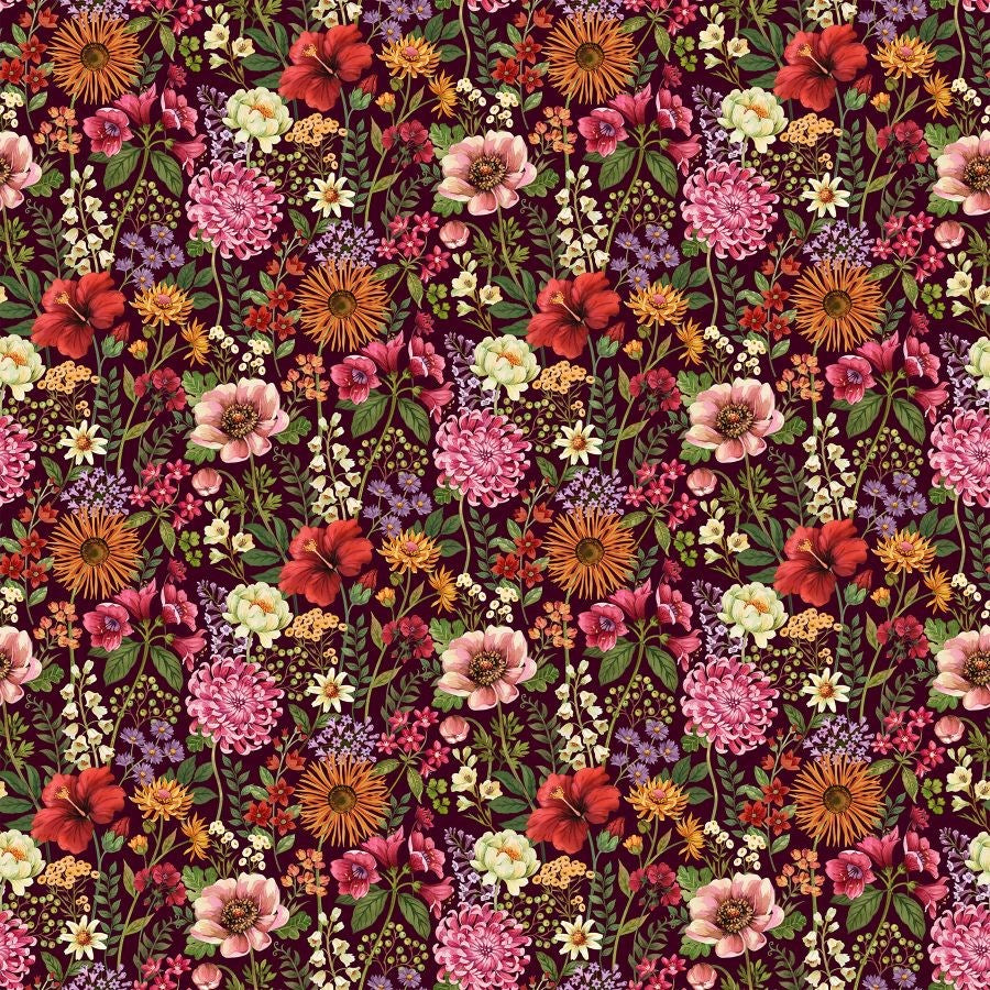 Lg Packed Floral - MAROON MULTI || BOTANICA || Northcott Studio