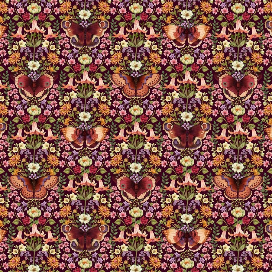 Butterfly Damask - MAROON MULTI || BOTANICA || Northcott Studio