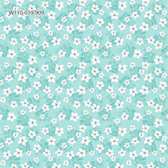 W110-019-909 / Small Floral & Teal || Petal Whispers || White Owl Textiles