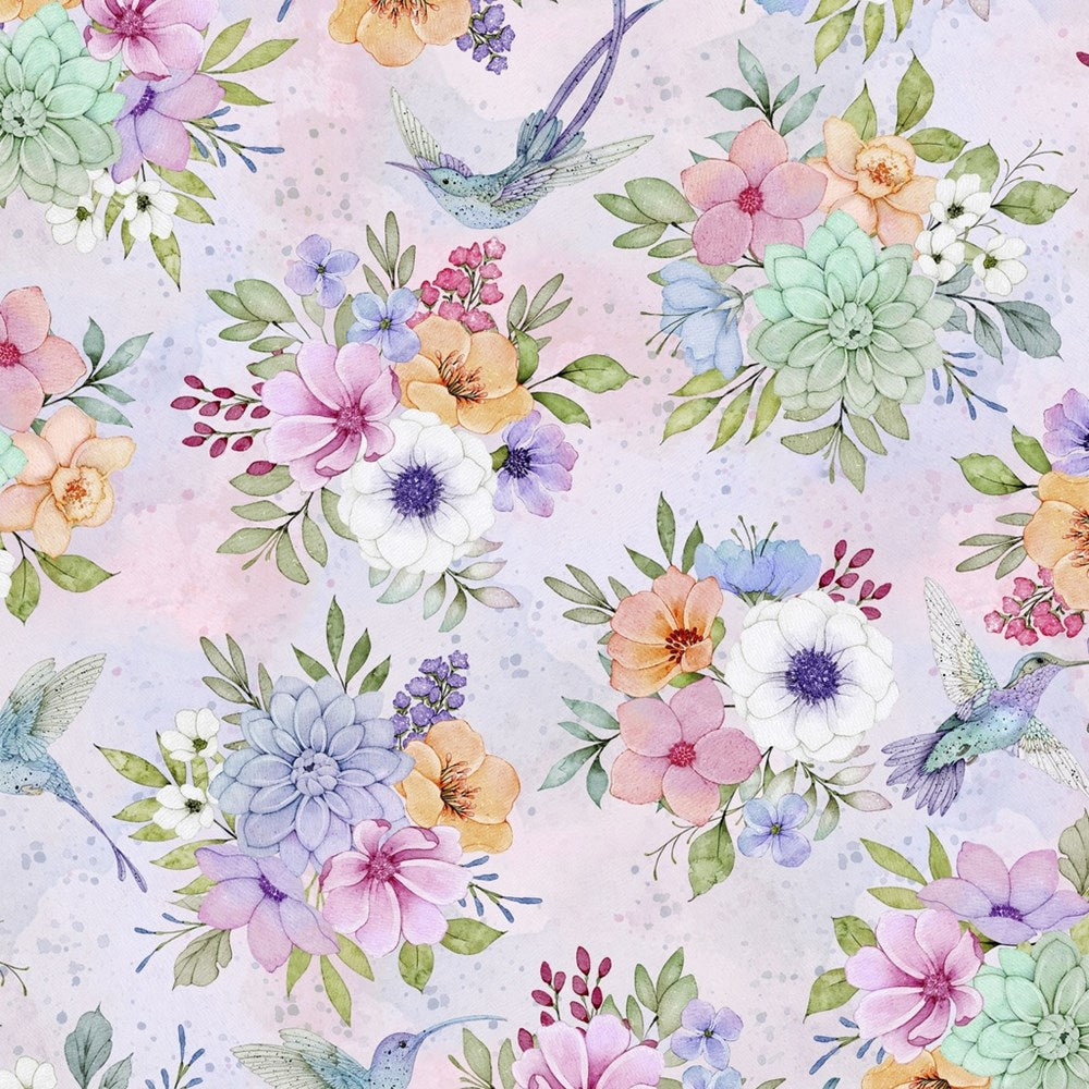 W110-026-664 / Florals & Hummingbirds - Purple || Rainbow in the Vale || White Owl Textiles