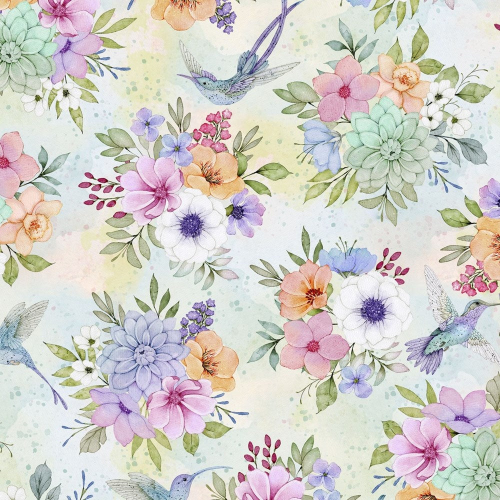 W110-026-764 / Florals & Hummingbirds - Blue || Rainbow in the Vale || White Owl Textiles
