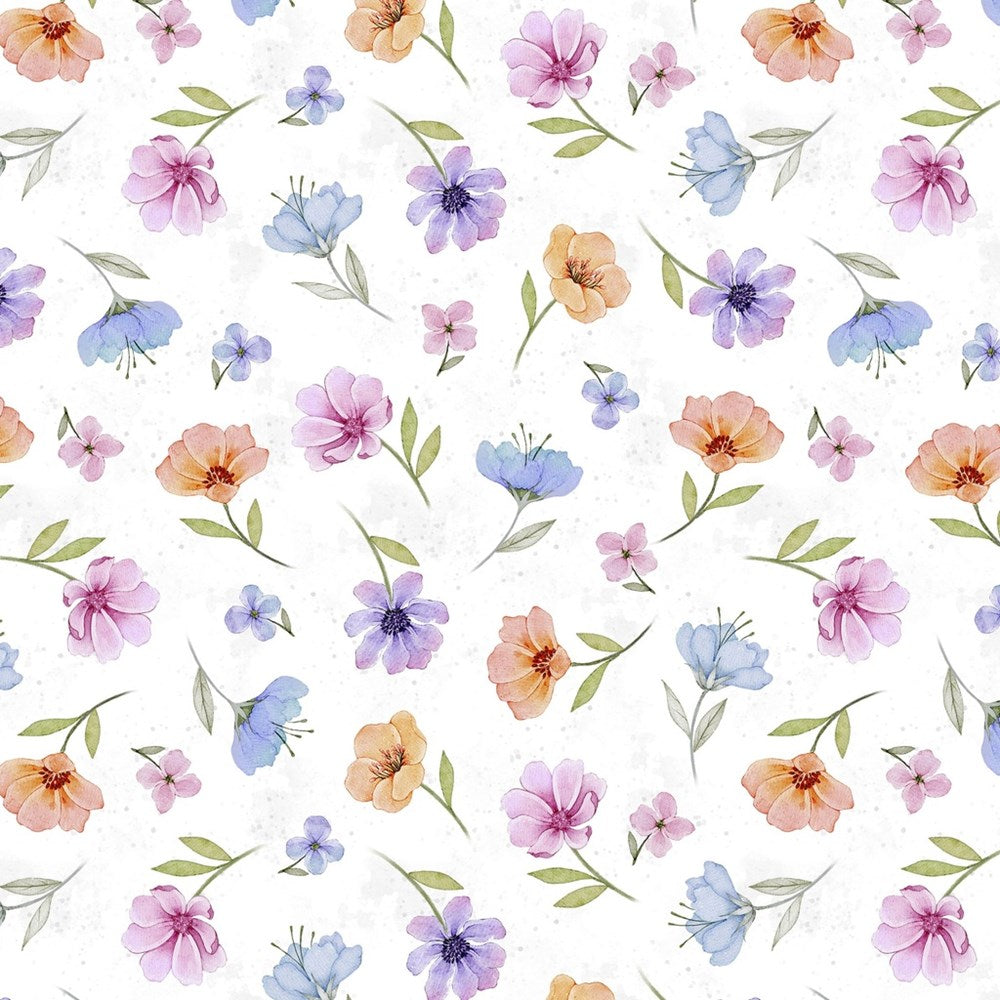 W110-027-167 / Floral Toss - White || Rainbow in the Vale || White Owl Textiles
