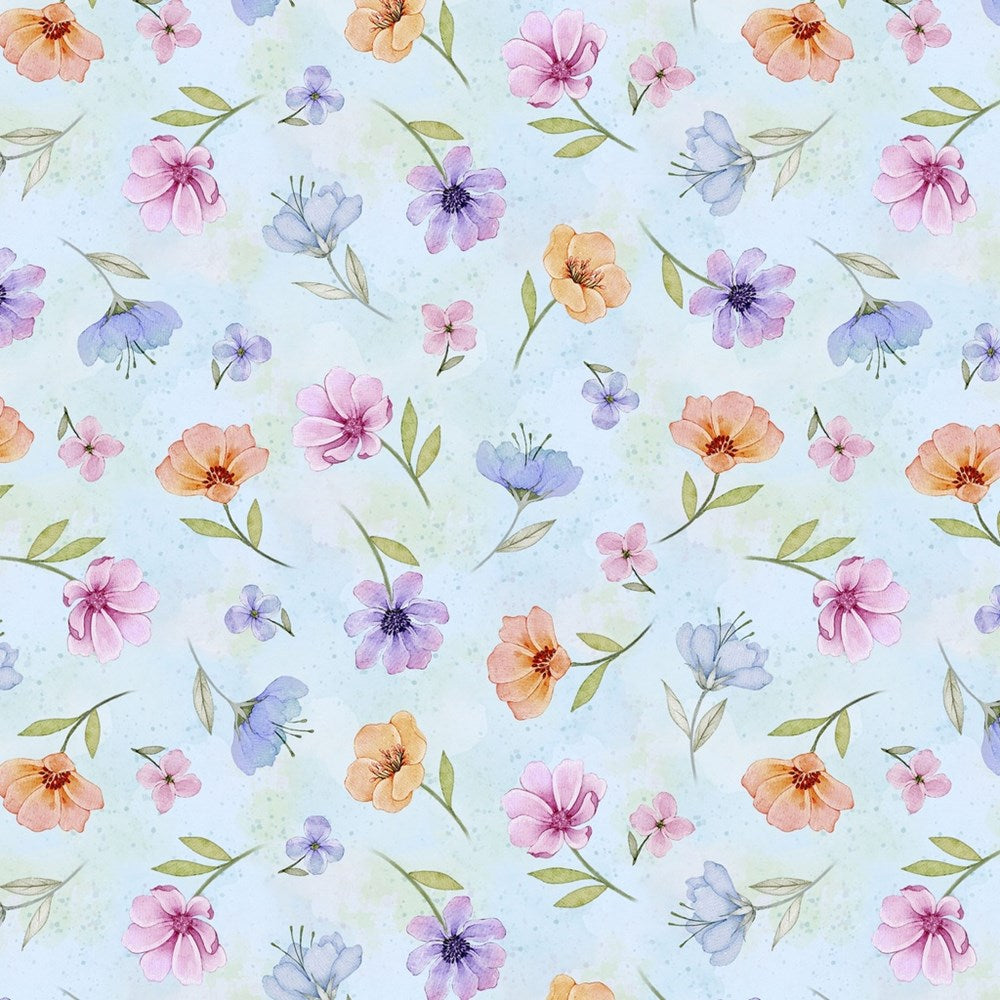 W110-027-767 / Floral Toss - Blue || Rainbow in the Vale || White Owl Textiles