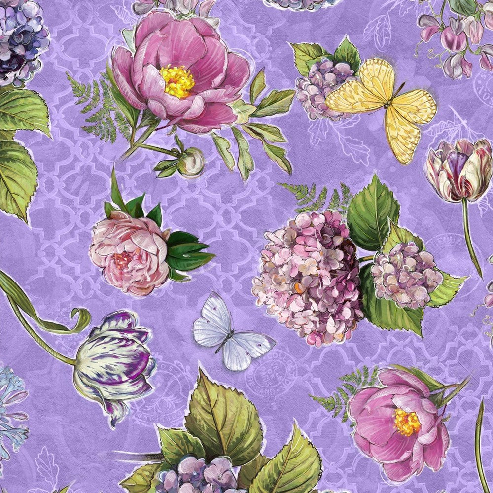 W115-029-658 / Large Floral - Purple || Meadowbrook Mist || White Owl Textiles