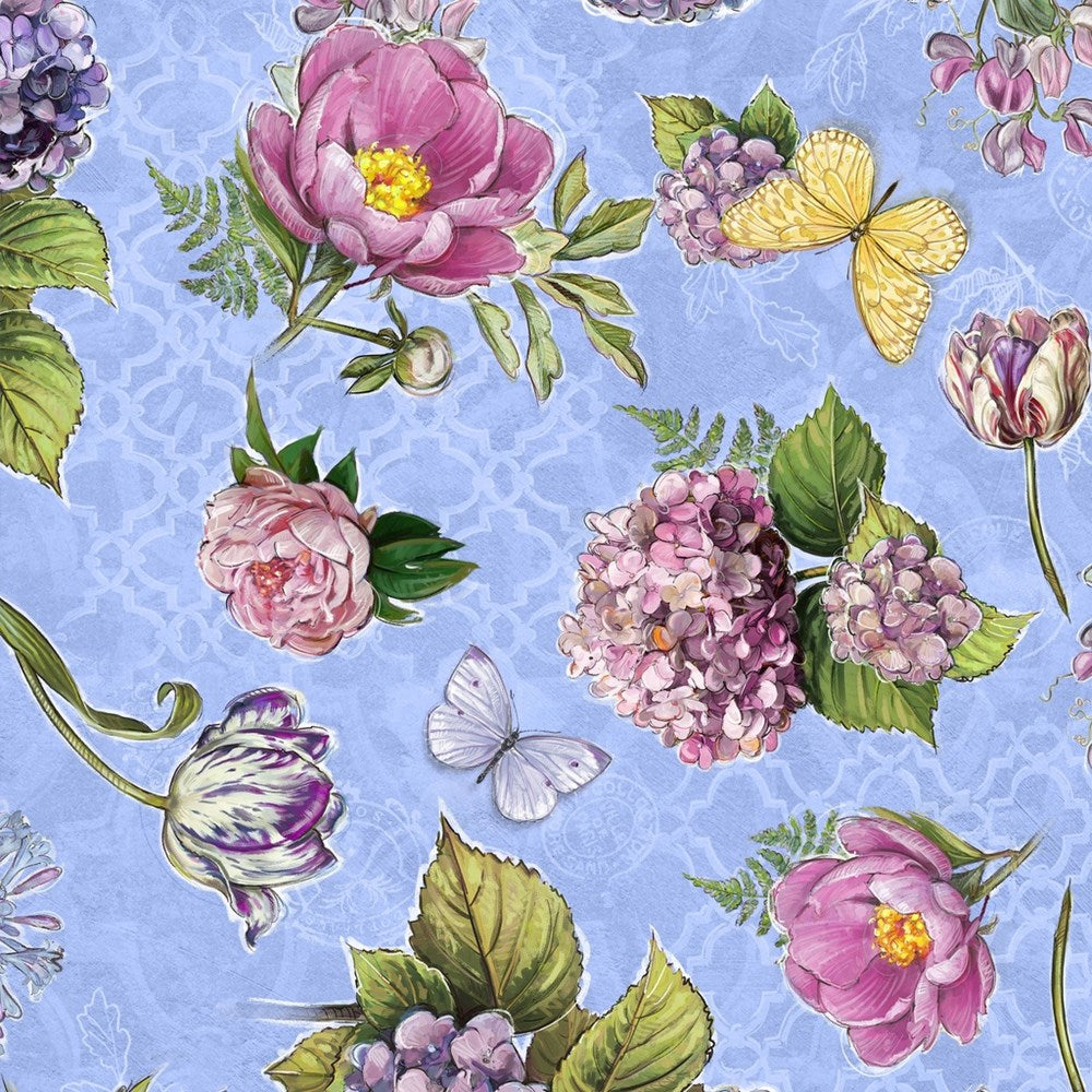 W115-029-758 / Large Floral - Blue || Meadowbrook Mist || White Owl Textiles