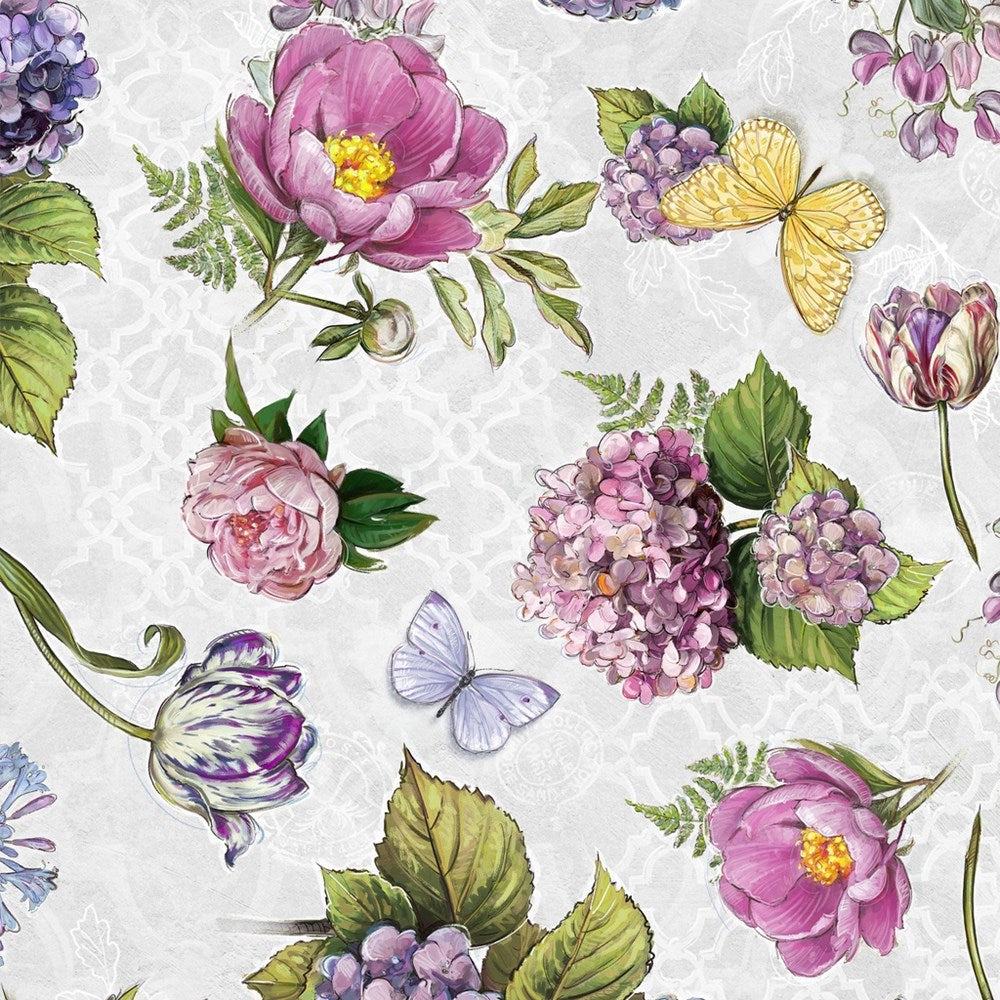 W115-029-958 / Large Floral - Light Gray || Meadowbrook Mist || White Owl Textiles
