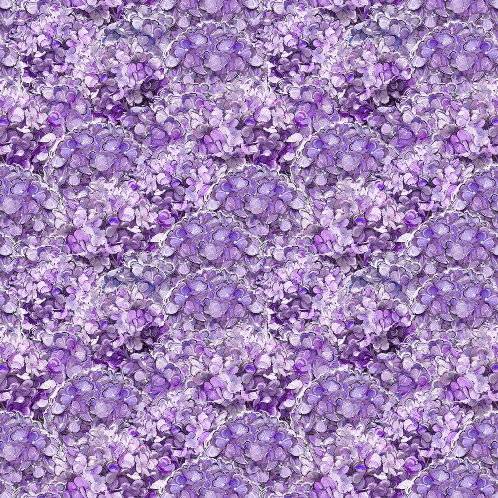 W115-030-616 / Packed Hydrangeas - Purple || Meadowbrook Mist || White Owl Textiles