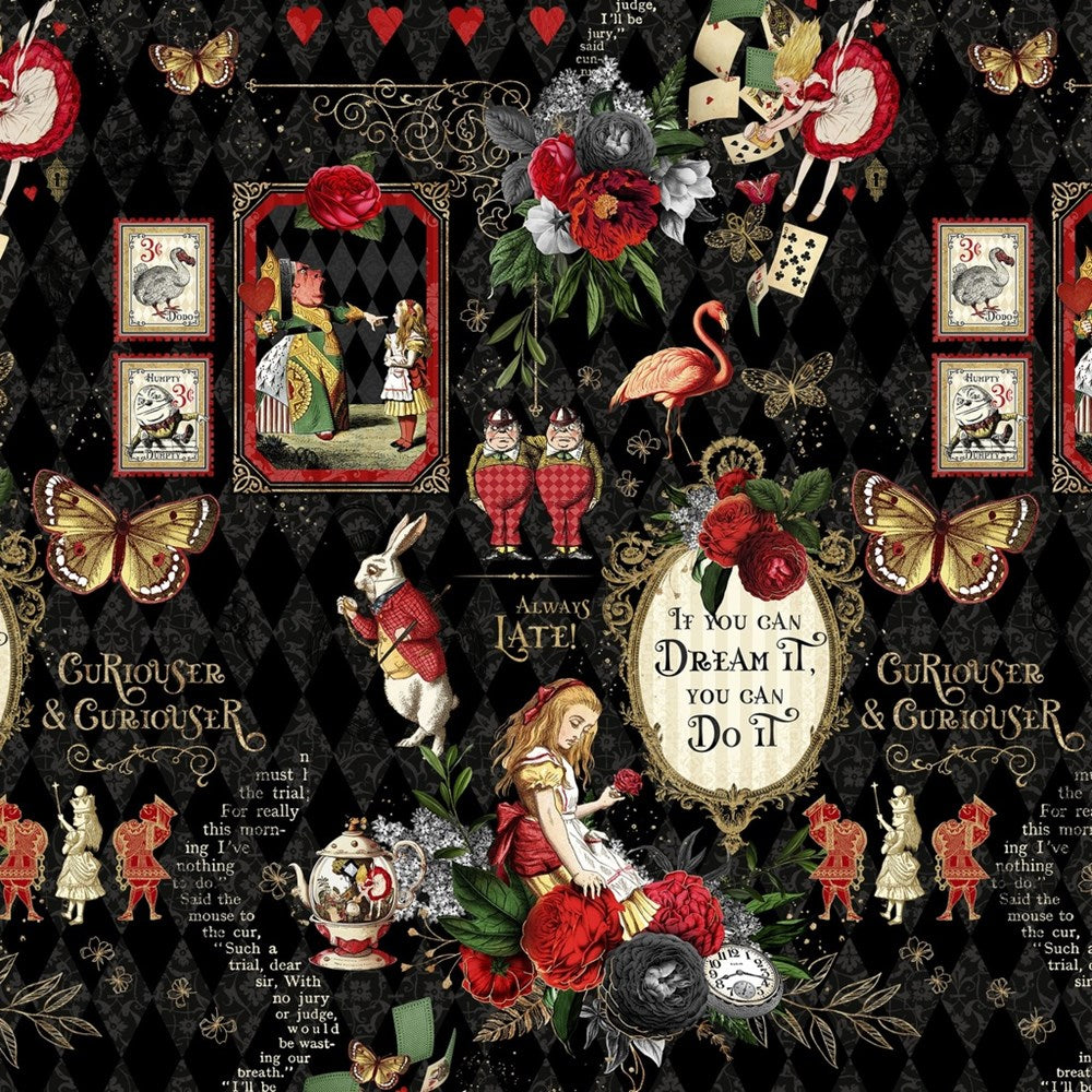 W130-038-953 / Beautiful Nonsense - Black || Curiouser & Curiouser || White Owl Textiles