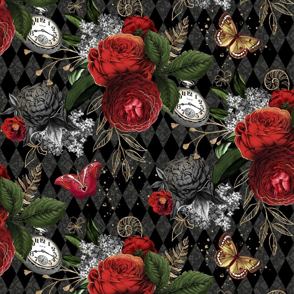 W130-040-959 / Happy Hours - Black || Curiouser & Curiouser || White Owl Textiles