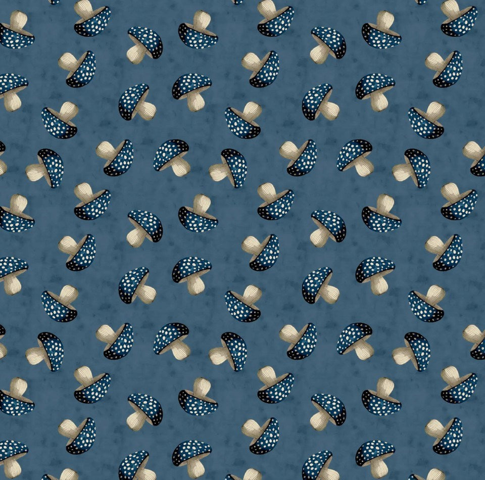 W150-017-771 / Small Mushrooms - Denim || Beneath the Canopy || White Owl Textiles