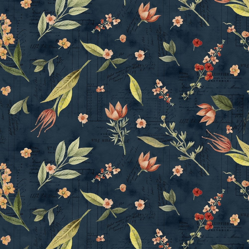 W150-018-758 / Floral Toss - Navy || Beneath the Canopy || White Owl Textiles