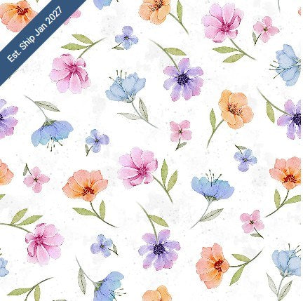 WB-W110-027-167 / Floral Toss - White || Rainbow in the Vale Wide || White Owl Textiles