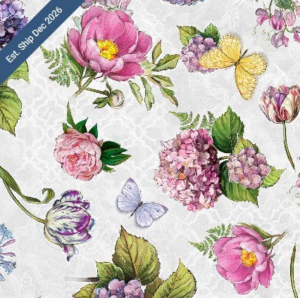 WB-115-029-958 / Large Floral - Light Gray || Meadowbrook Mist Wide || White Owl Textiles